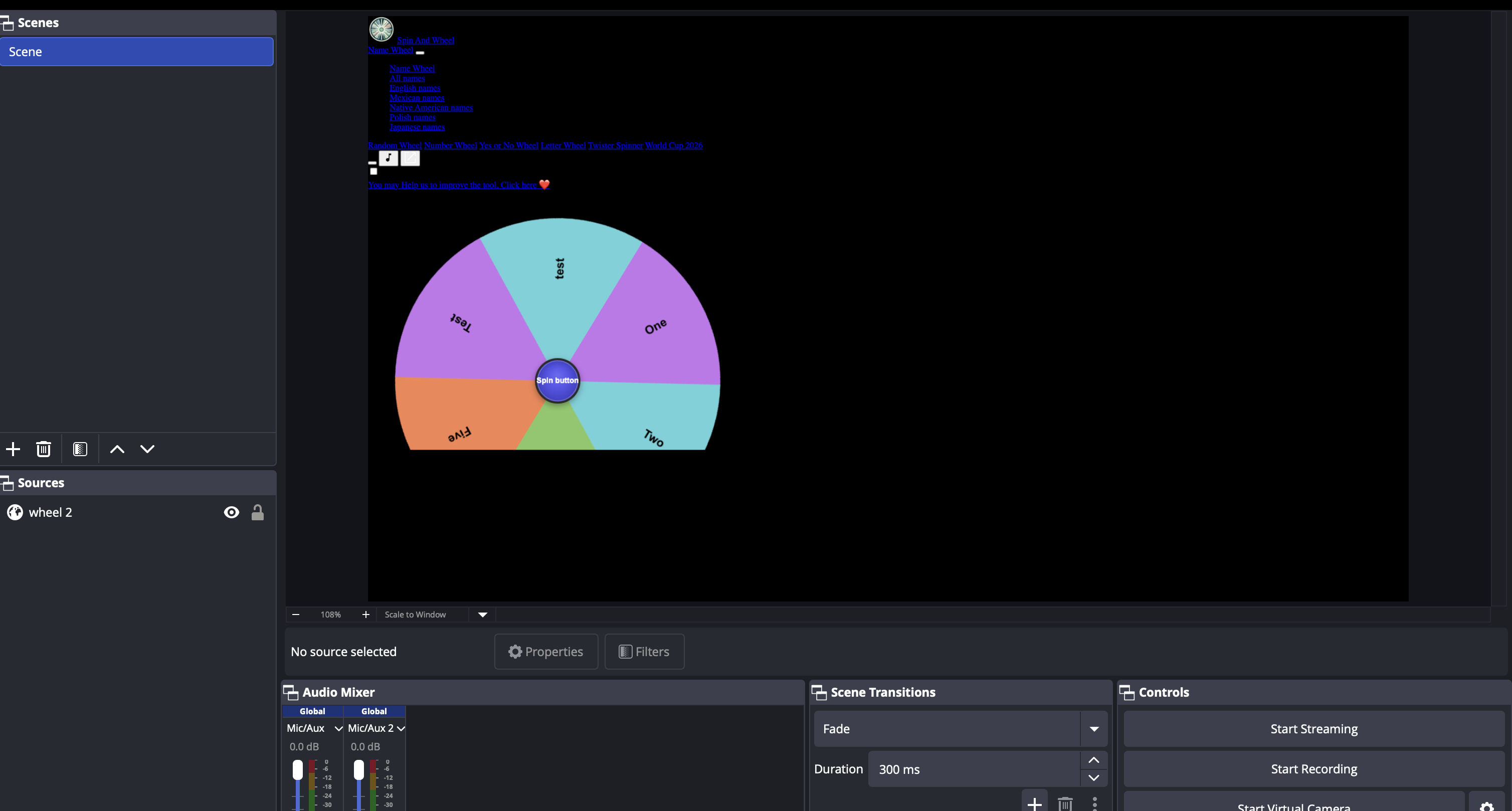 A broken wheel in OBS showing a blank or outdated cached version of the page