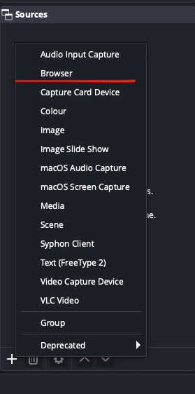 OBS Sources panel with the + menu open and Browser highlighted