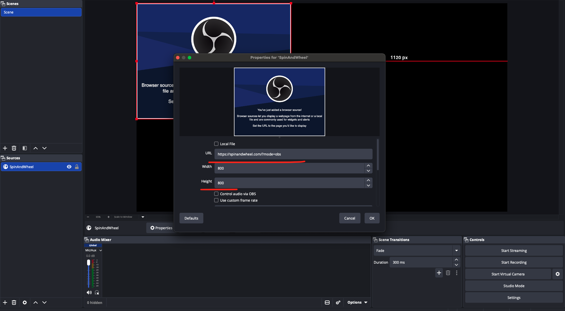 OBS browser source properties with the display link pasted into the URL field