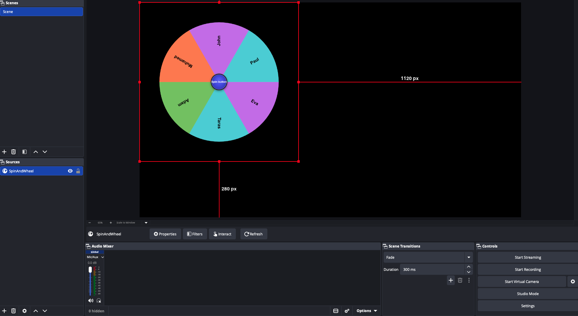 The spinning wheel displayed on the OBS scene canvas