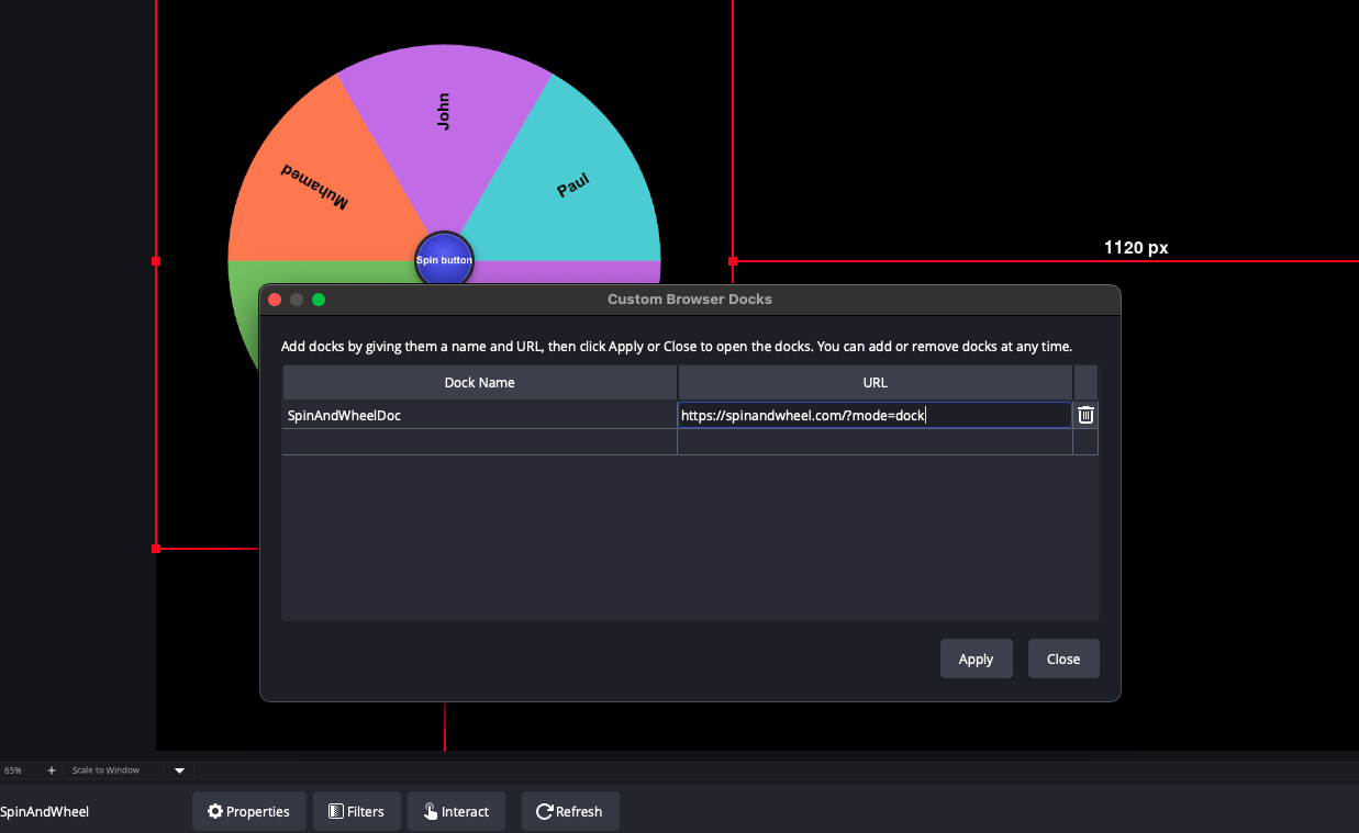 OBS Custom Browser Docks dialog with the dock link pasted in the URL field