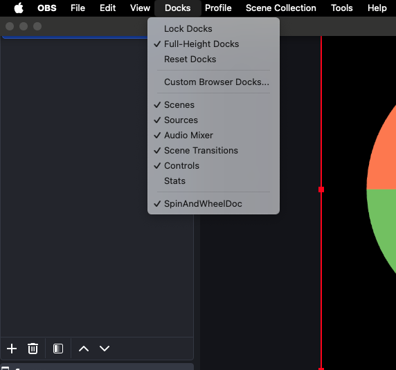 OBS Docks menu showing the Wheel Controls dock enabled
