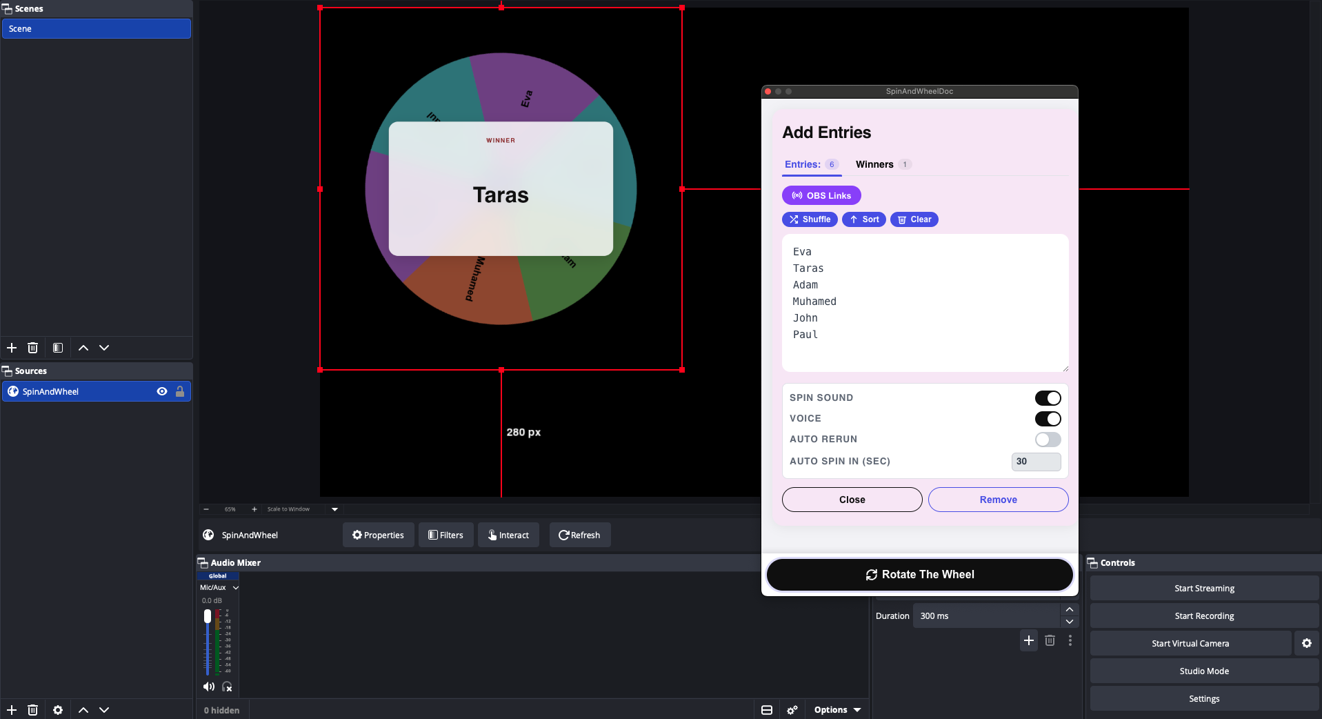 OBS with the wheel on the scene and the control dock in the sidebar