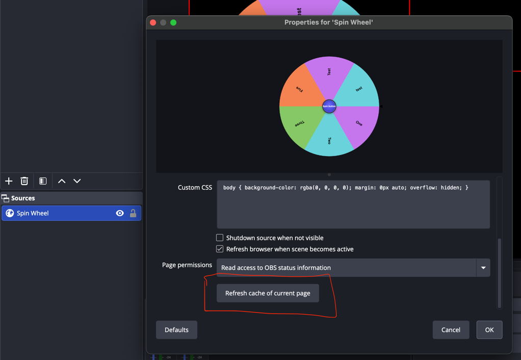 OBS browser source properties with the Refresh cache of current page button highlighted
