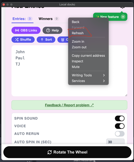 Right-click menu on the OBS control dock panel with the Refresh option highlighted